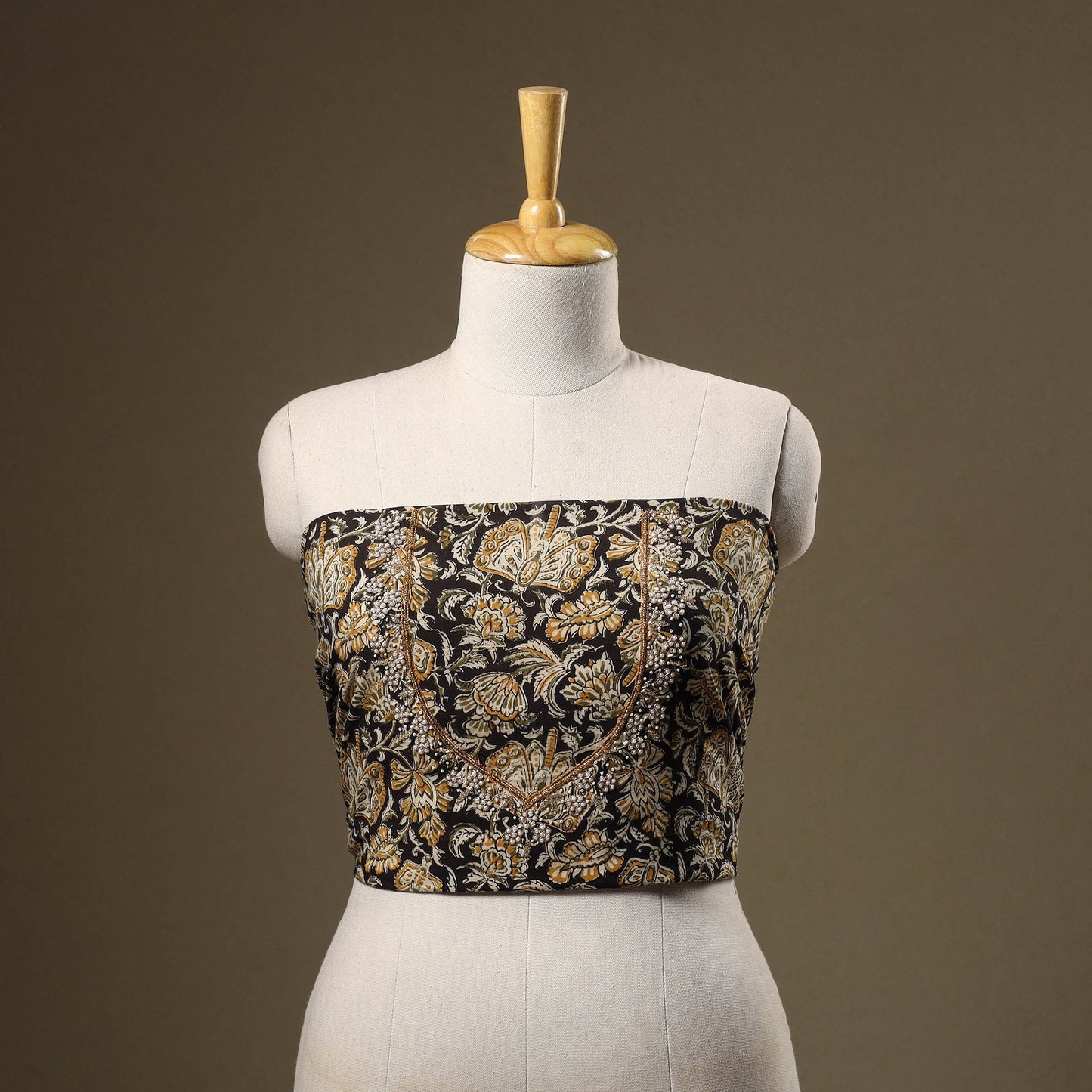 Black Kalamkari Print Hand Embroidery Cotton Blouse Piece