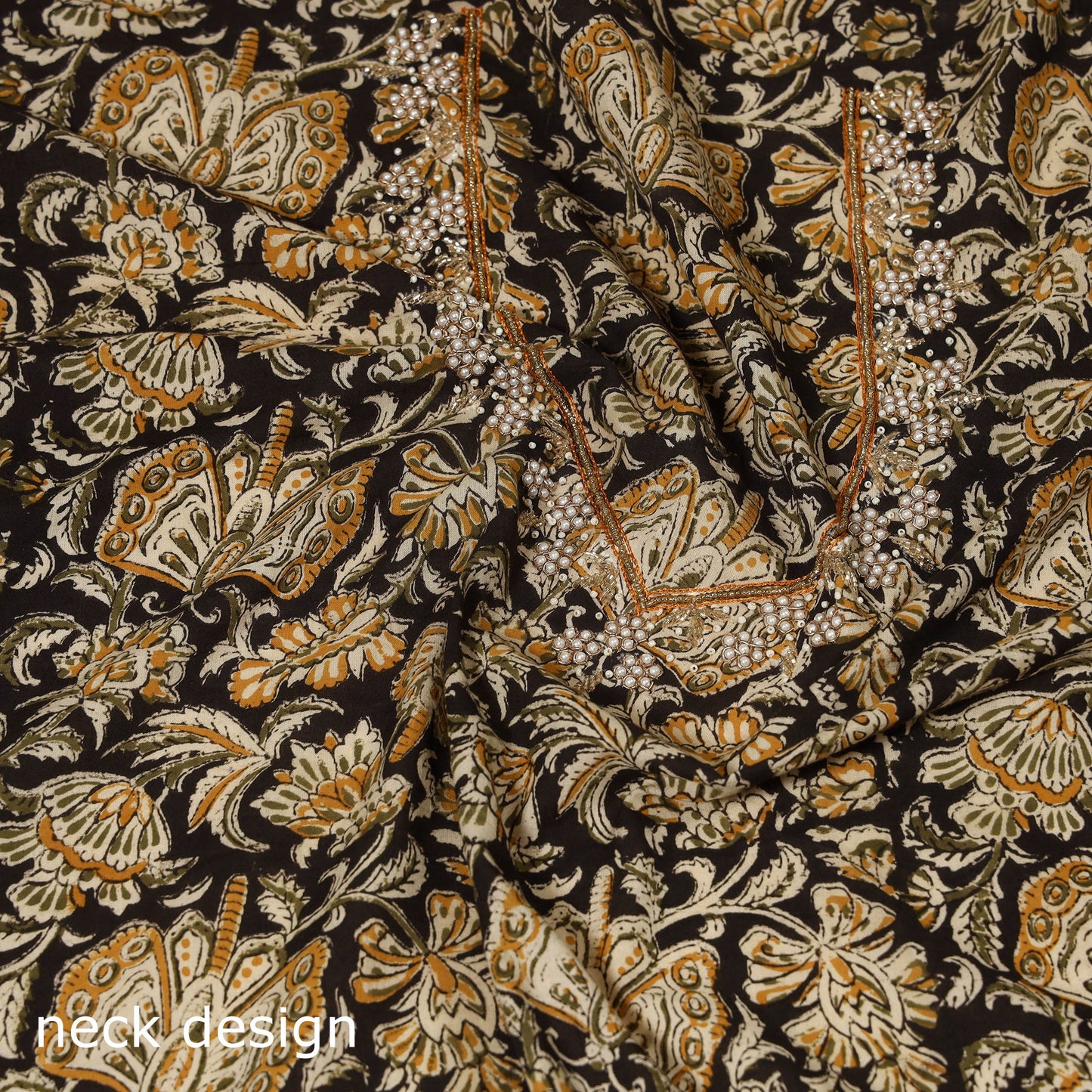 Black Kalamkari Print Hand Embroidery Cotton Blouse Piece