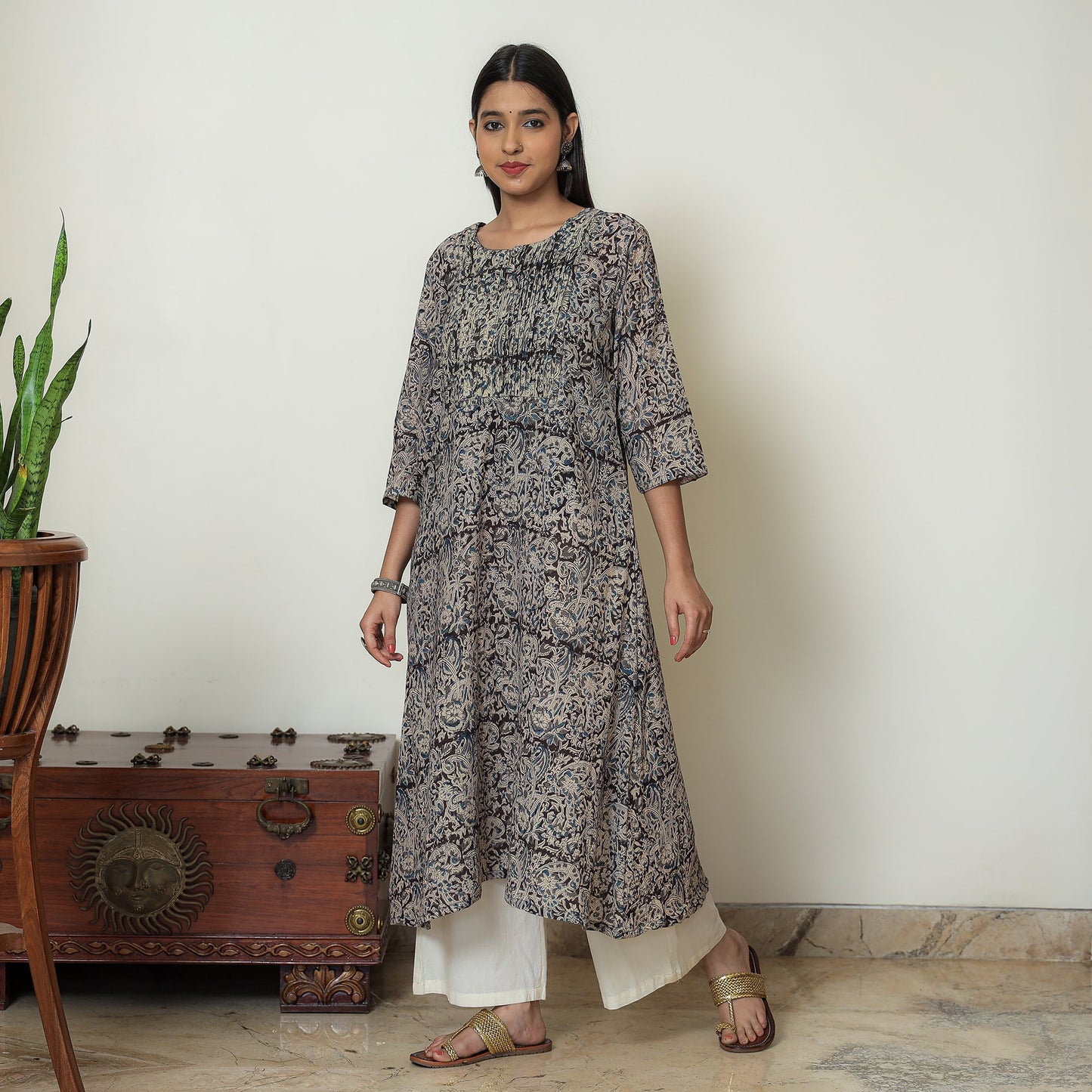 Kalamkari Block Print Mul Cotton Pintuck A-Line Kurta For Women