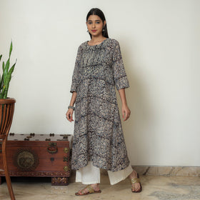 Kalamkari Block Print Mul Cotton Pintuck A-Line Kurta For Women