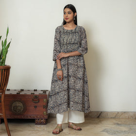 Kalamkari Block Print Mul Cotton Pintuck A-Line Kurta For Women