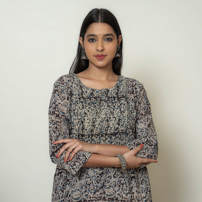 Kalamkari Block Print Mul Cotton Pintuck A-Line Kurta For Women