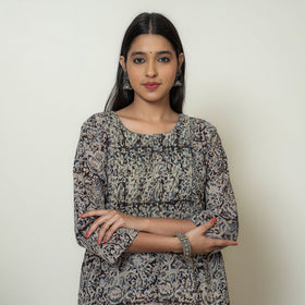 Kalamkari Block Print Mul Cotton Pintuck A-Line Kurta For Women
