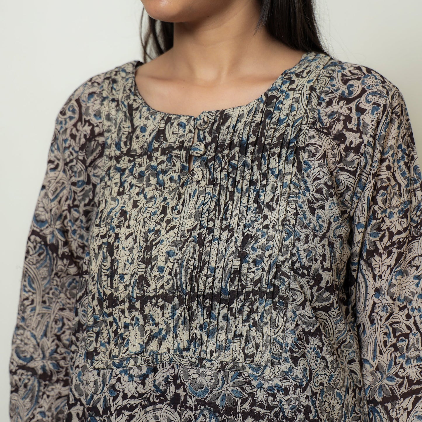 Kalamkari Block Print Mul Cotton Pintuck A-Line Kurta For Women