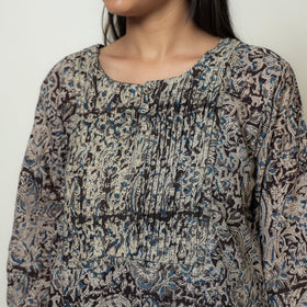Kalamkari Block Print Mul Cotton Pintuck A-Line Kurta For Women