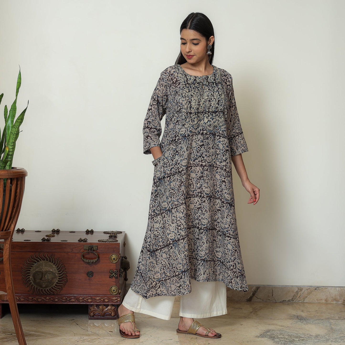 Kalamkari Block Print Mul Cotton Pintuck A-Line Kurta For Women