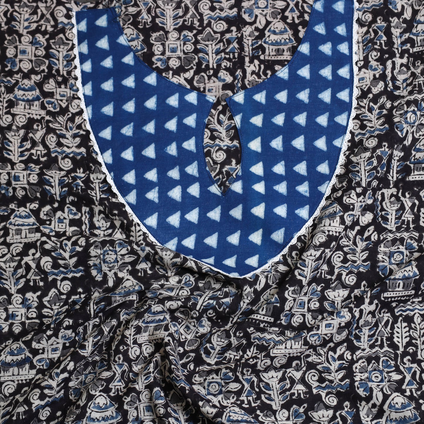  Black Kalamkari Print Patchwork Cotton Kurta Material