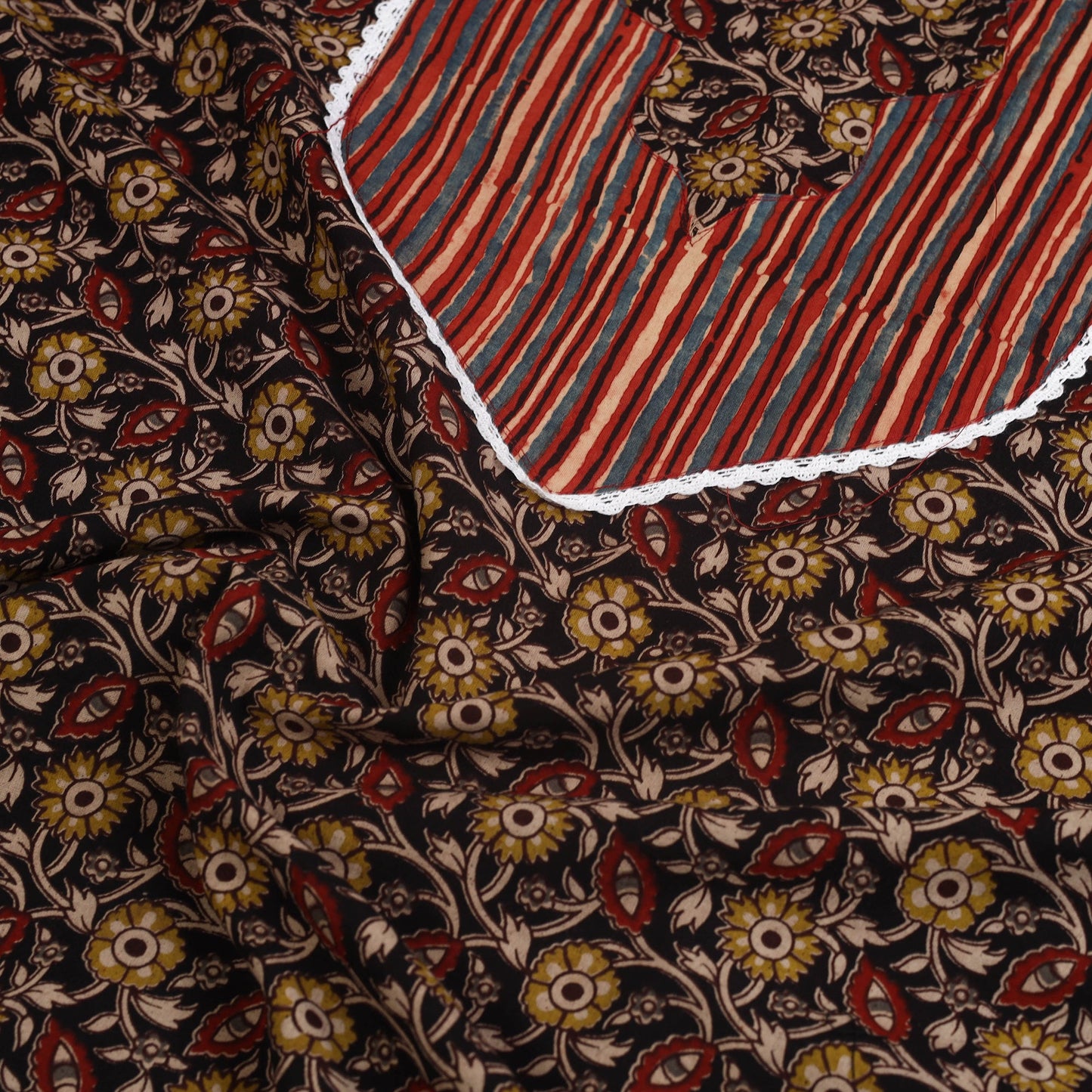 Buy Black Kalamkari Print Patchwork Cotton Kurta Material