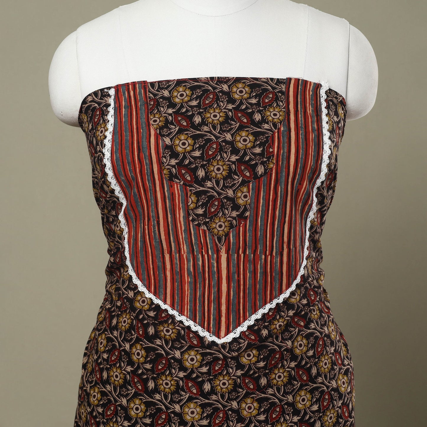 Buy Black Kalamkari Print Patchwork Cotton Kurta Material