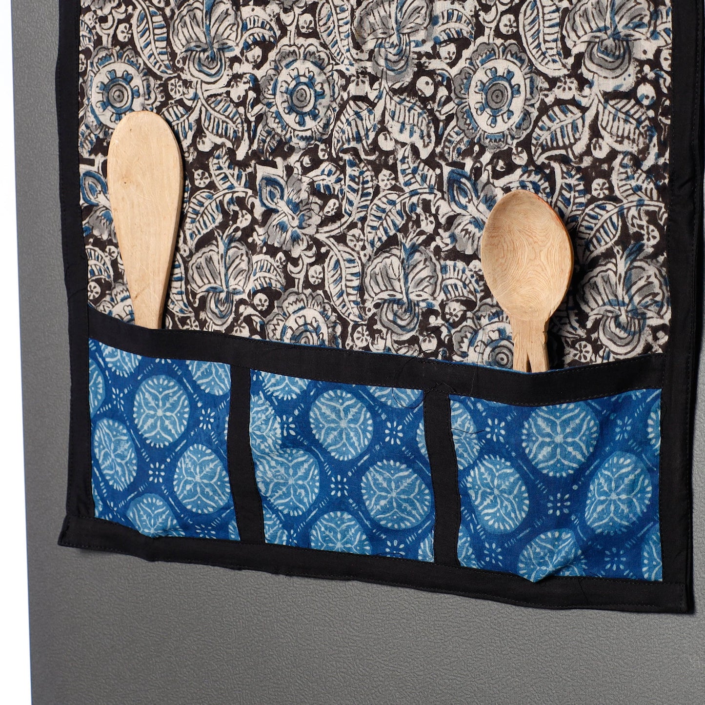 Black Kalamkari Block Printed Cotton Fridge Top Cover with Multiple Pockets 