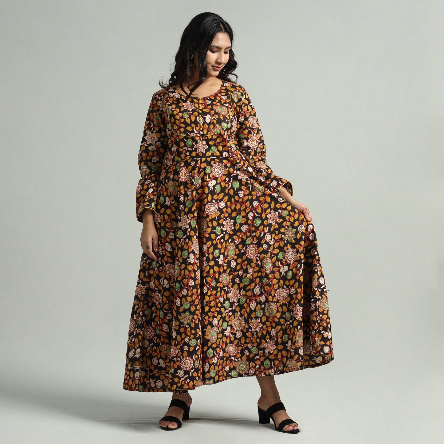 Black - Kalamkari Printed Cotton A-Line Dress