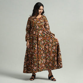 Black - Kalamkari Printed Cotton A-Line Dress