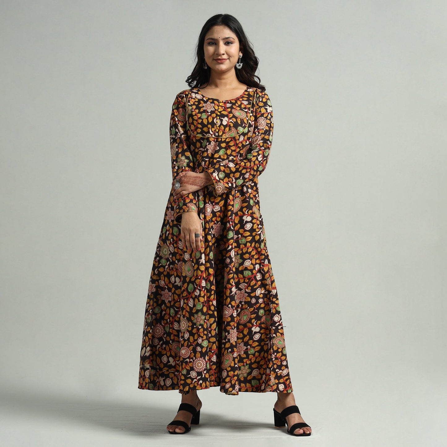 Black - Kalamkari Printed Cotton A-Line Dress