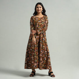 Black - Kalamkari Printed Cotton A-Line Dress