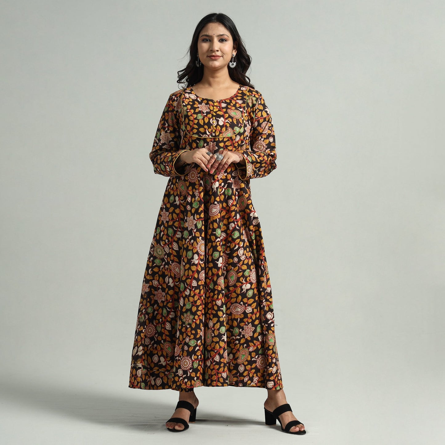 Black - Kalamkari Printed Cotton A-Line Dress