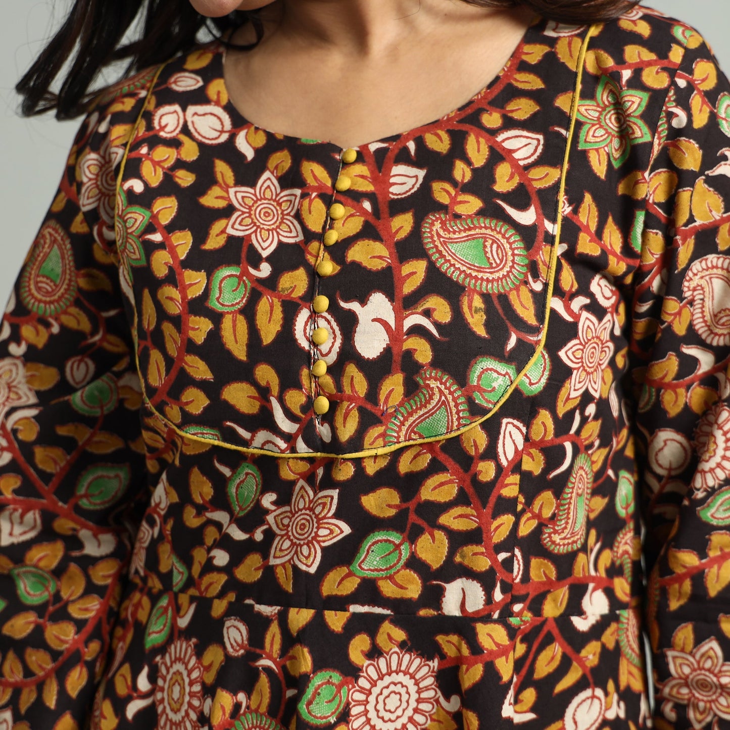 Black - Kalamkari Printed Cotton A-Line Dress