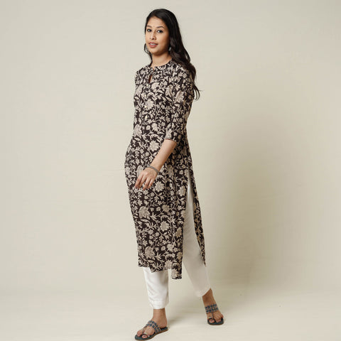 Black - kalamkari printed cotton long kurta - handcrafted