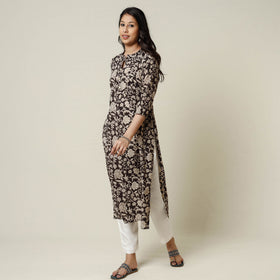 Black - kalamkari printed cotton long kurta - handcrafted