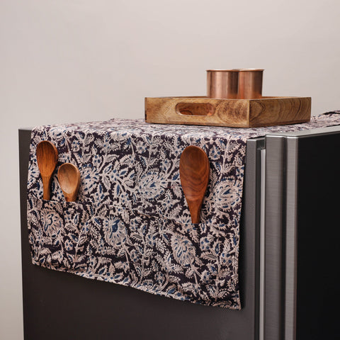 Black Kalamkari Block Printed Fridge Top Cover with Handle Cover