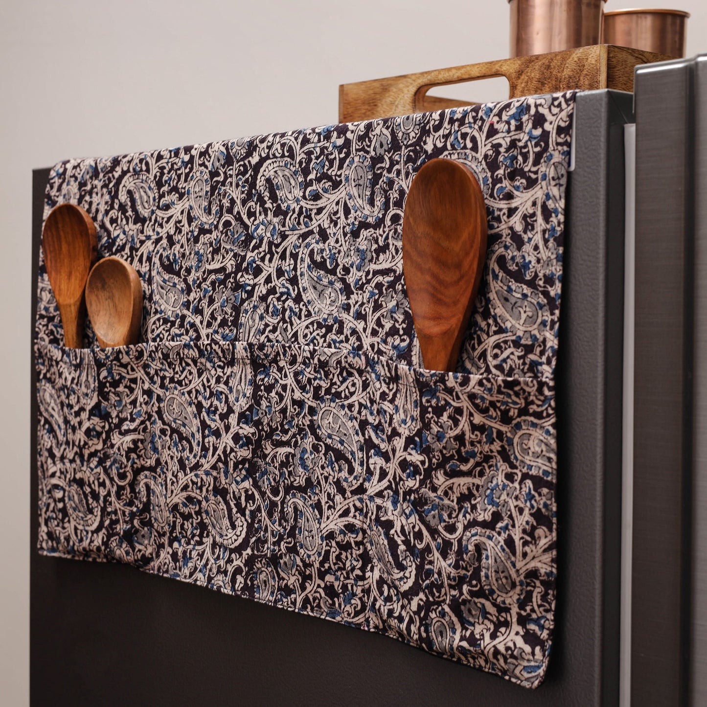 Black Kalamkari Block Printed Fridge Top Cover with Handle Cover