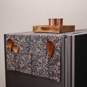 Black Kalamkari Block Printed Fridge Top Cover with Handle Cover