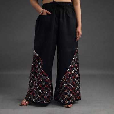 Black - kantha hand embroidery palazzo in cotton 06