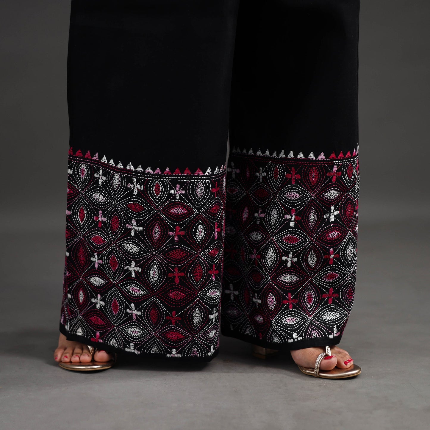 Black Kantha Hand Embroidery Palazzo in Cotton