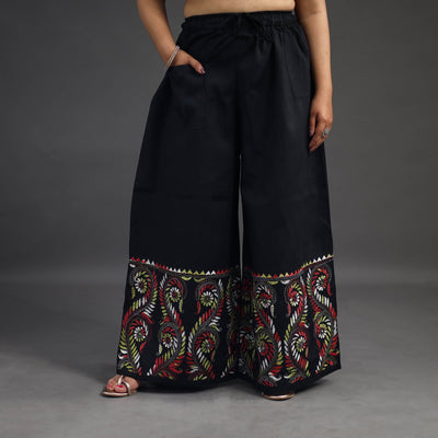  Black Kantha Hand Embroidery Palazzo in Cotton