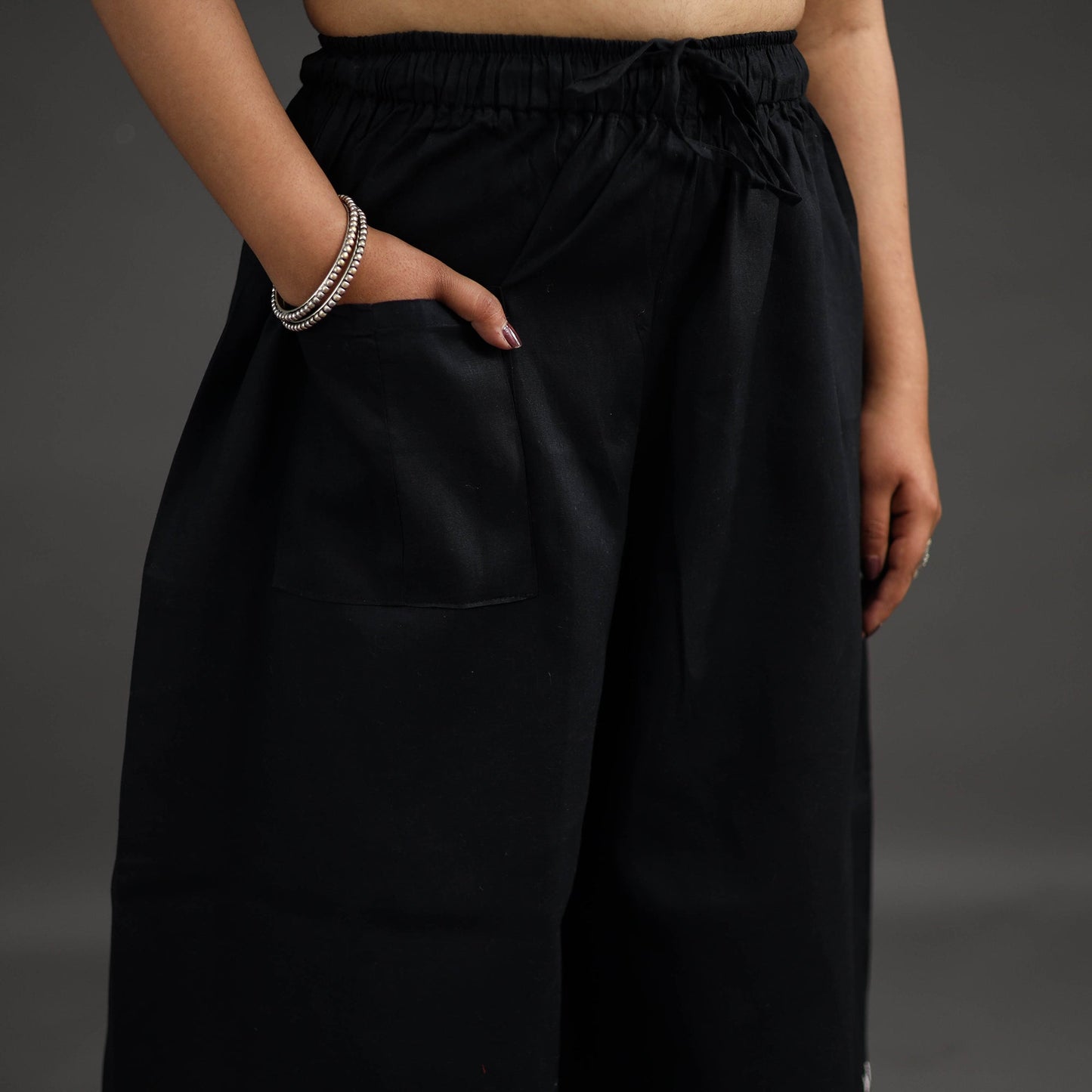  Black Kantha Hand Embroidery Palazzo in Cotton