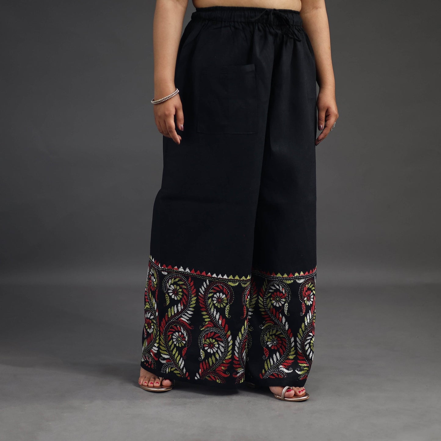  Black Kantha Hand Embroidery Palazzo in Cotton