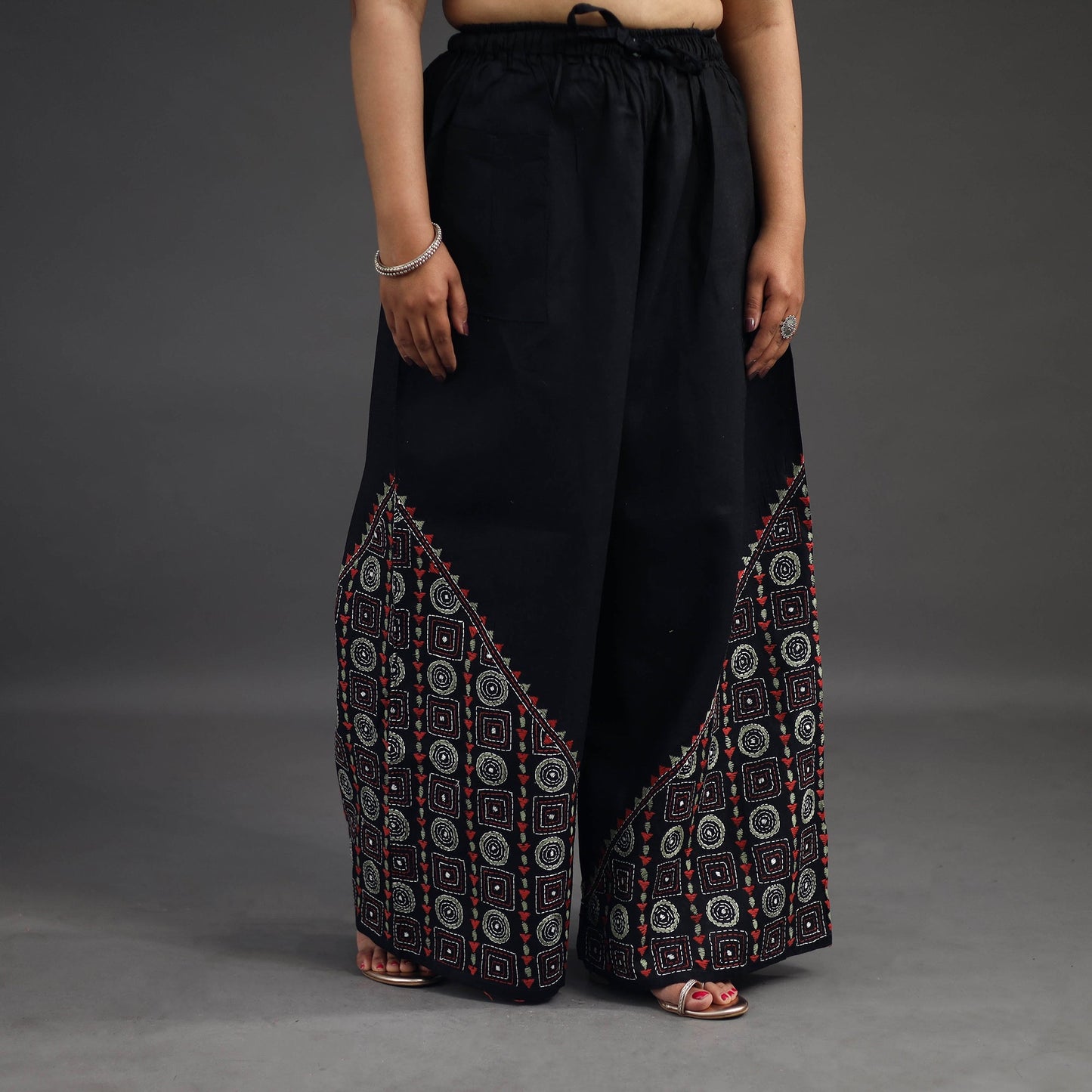 Buy Black Kantha Hand Embroidery Palazzo in Cotton