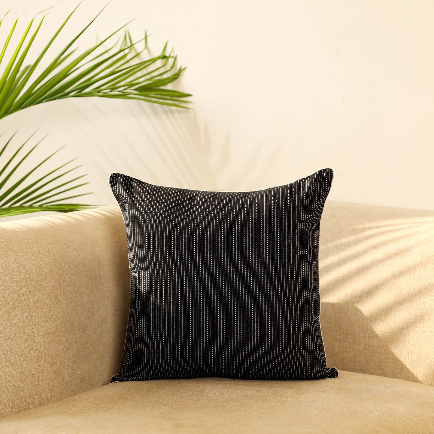 Black - kantha stitch cotton cushion cover 14 - handcrafted