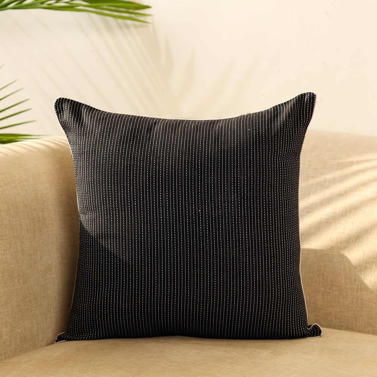 Black - kantha stitch cotton cushion cover 14 - handcrafted