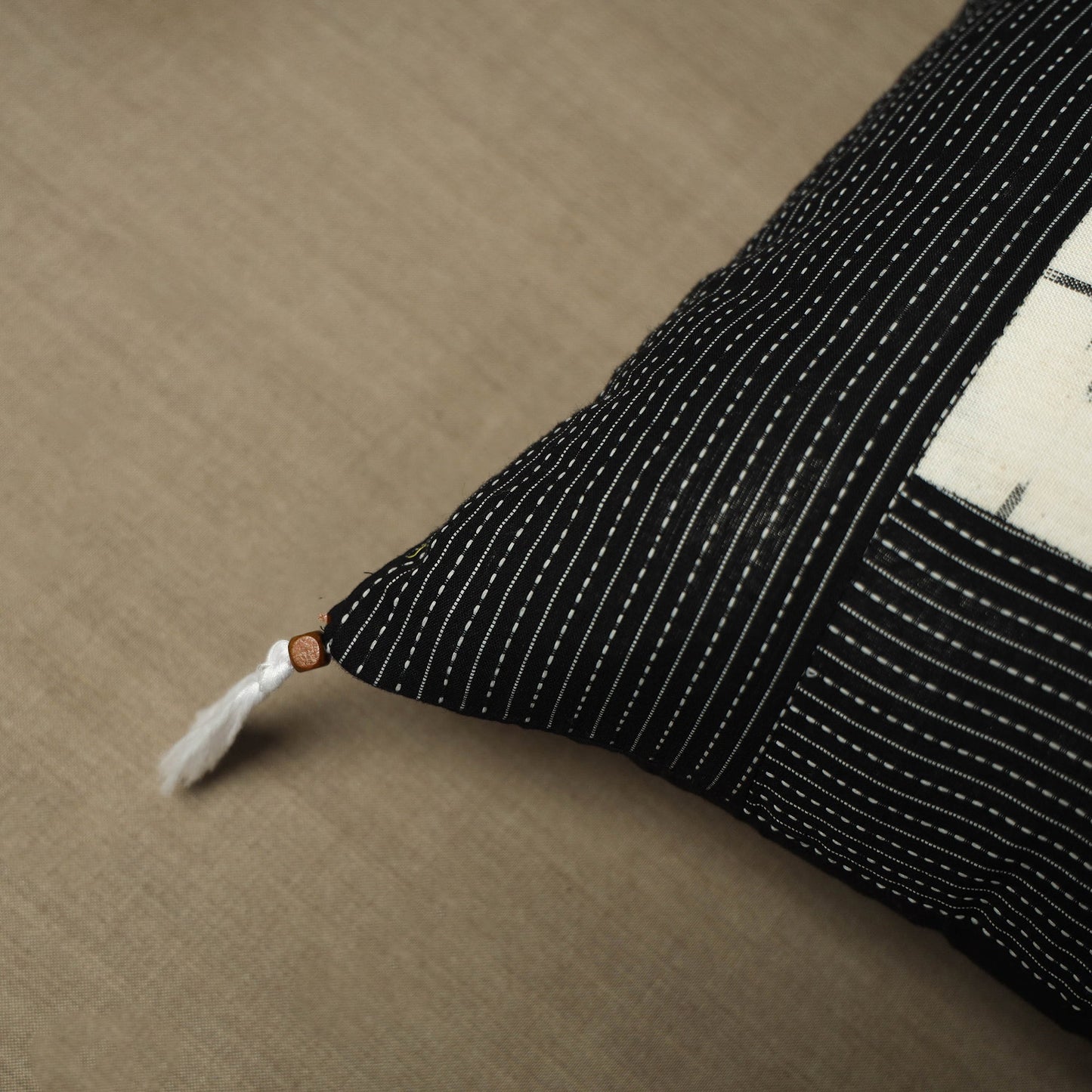 Black Kantha Stitch Ikat Cotton Cushion Cover (16 x 16 in) 04