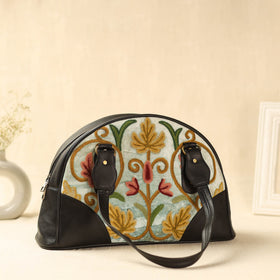 Black Kashmiri Crewel Hand Embroidered Leather Handbag