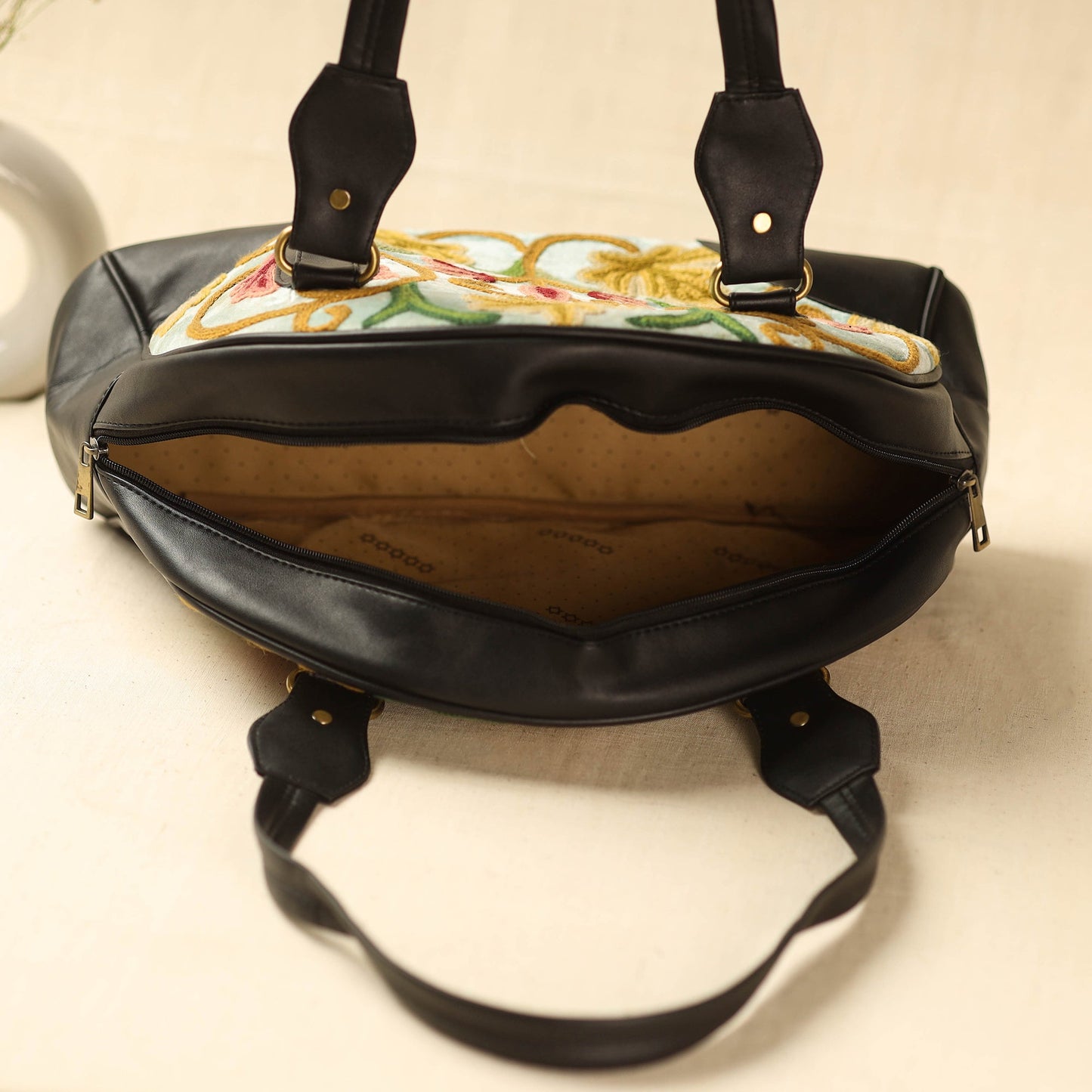 Black Kashmiri Crewel Hand Embroidered Leather Handbag