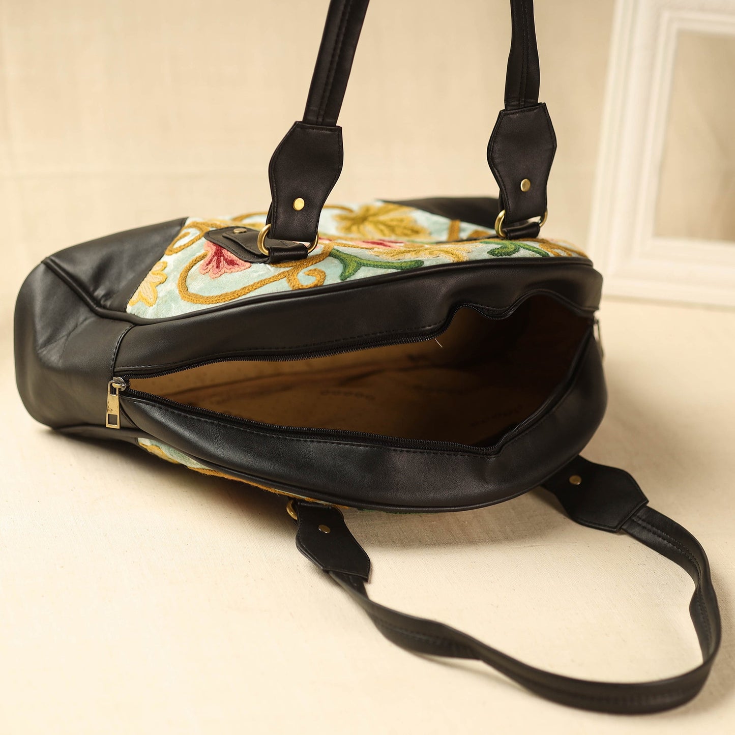 Black Kashmiri Crewel Hand Embroidered Leather Handbag