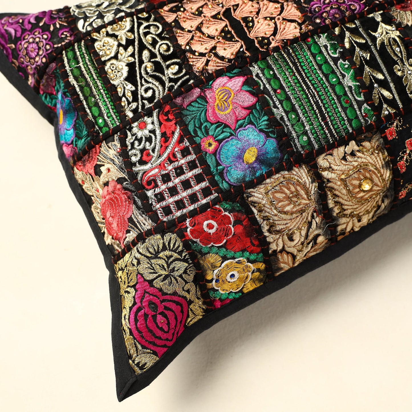 Black - khambadiya patchwork cotton pillow cover (24 x 17