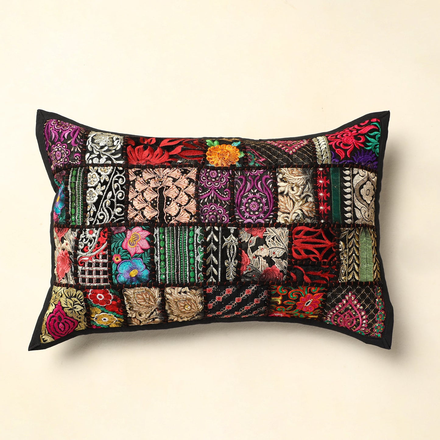 Black - khambadiya patchwork cotton pillow cover (24 x 17