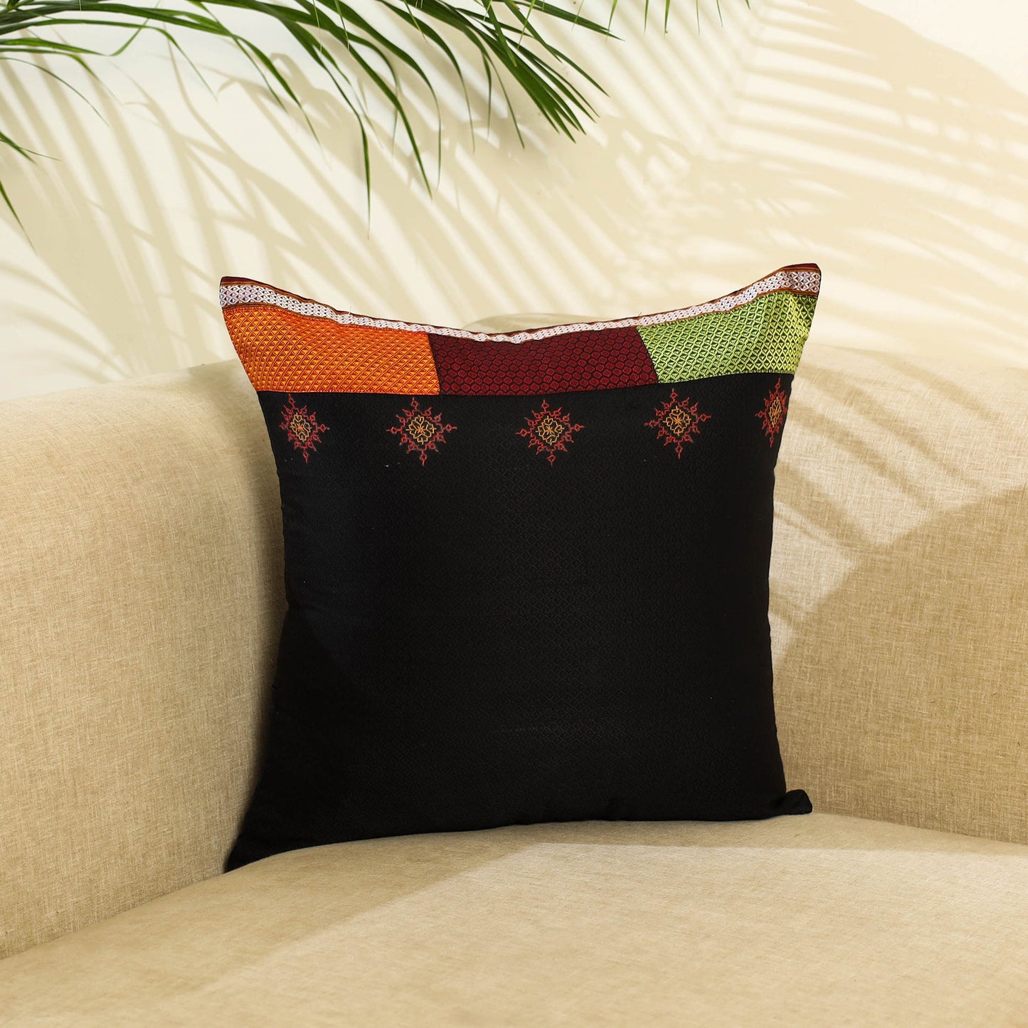 Black Khun Cotton Gavanti Kasuti Hand Embroidery Cushion Cover