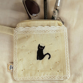 Buy Black Kitty & Snow Hand Embroidered Utility Pouch