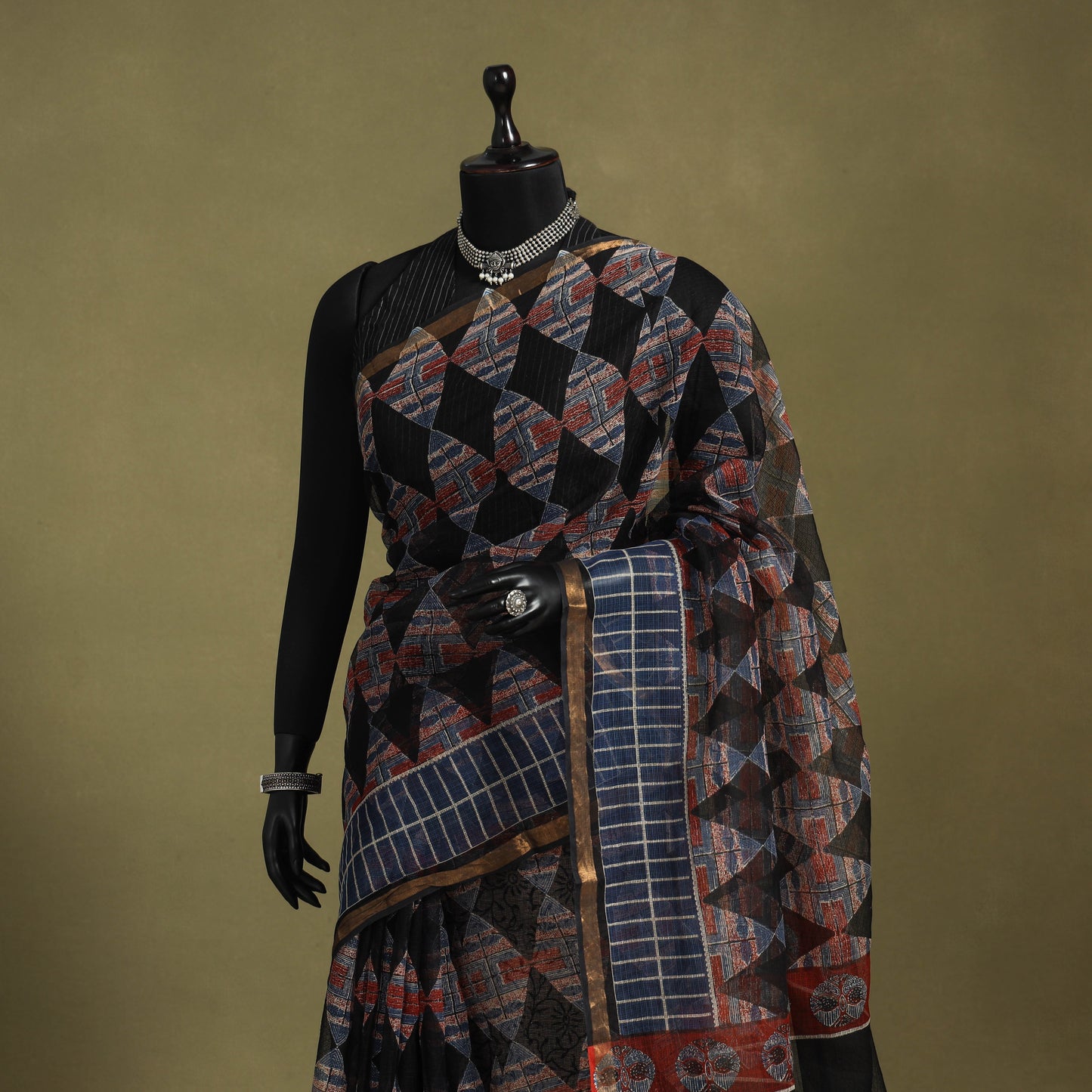 Black - kota doria cotton bagru saree 26 - handcrafted