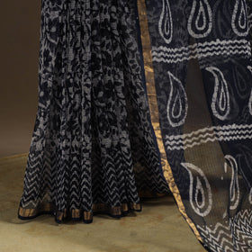 Black Kota Doria Cotton Hand Batik Print Saree