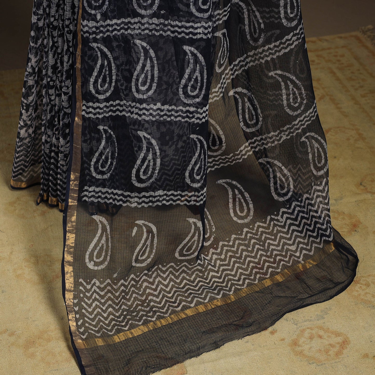 Black Kota Doria Cotton Hand Batik Print Saree