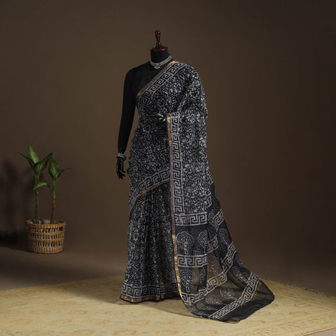 Black - kota doria cotton hand batik saree 05 - handcrafted