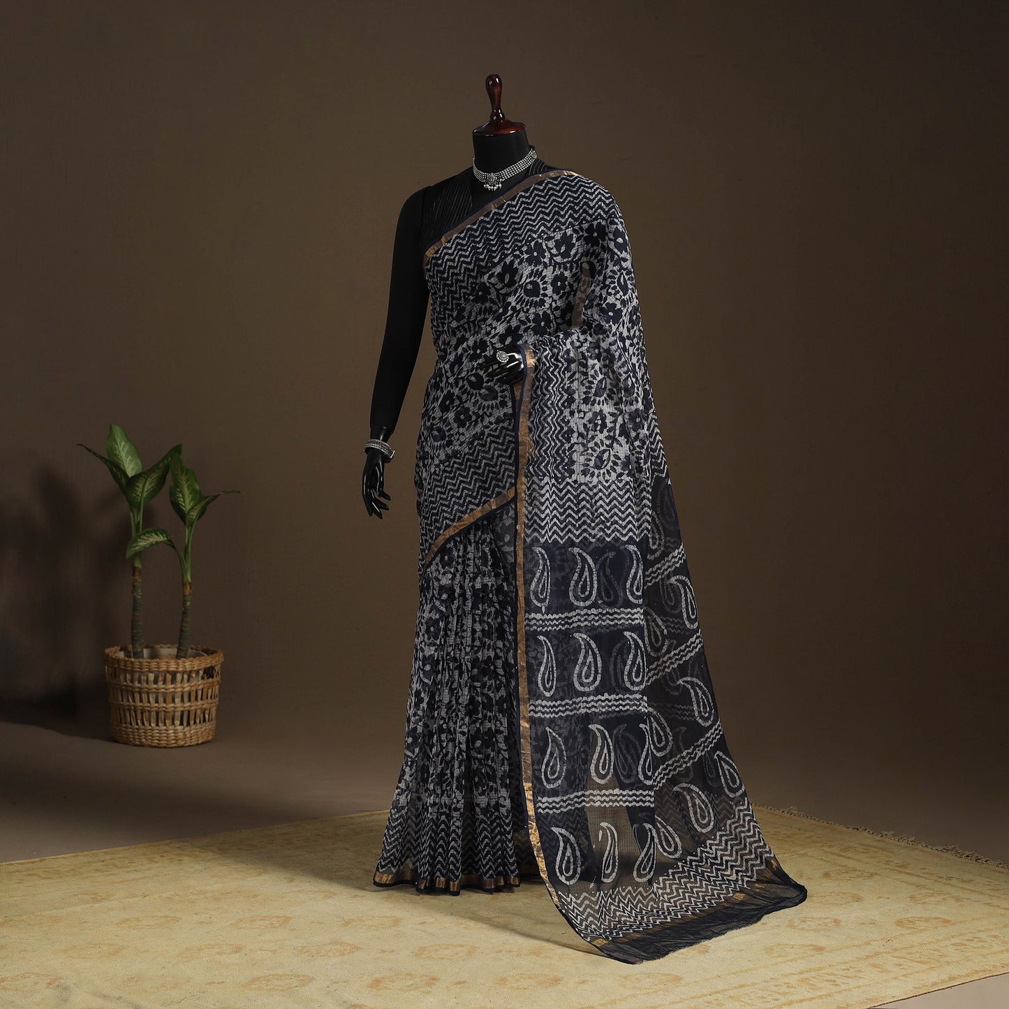 Black Kota Doria Cotton Hand Batik Print Saree