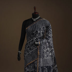 Black Kota Doria Cotton Hand Batik Print Saree
