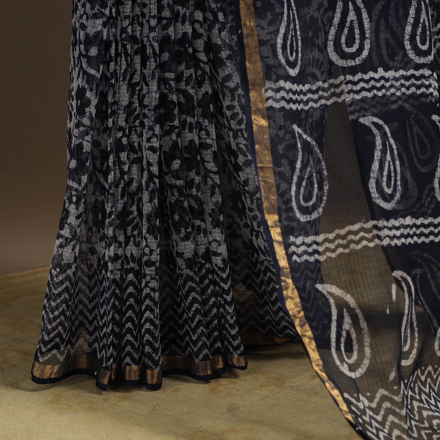 Black Kota Doria Cotton Hand Batik Print Saree