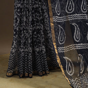 Black Kota Doria Cotton Hand Batik Print Saree