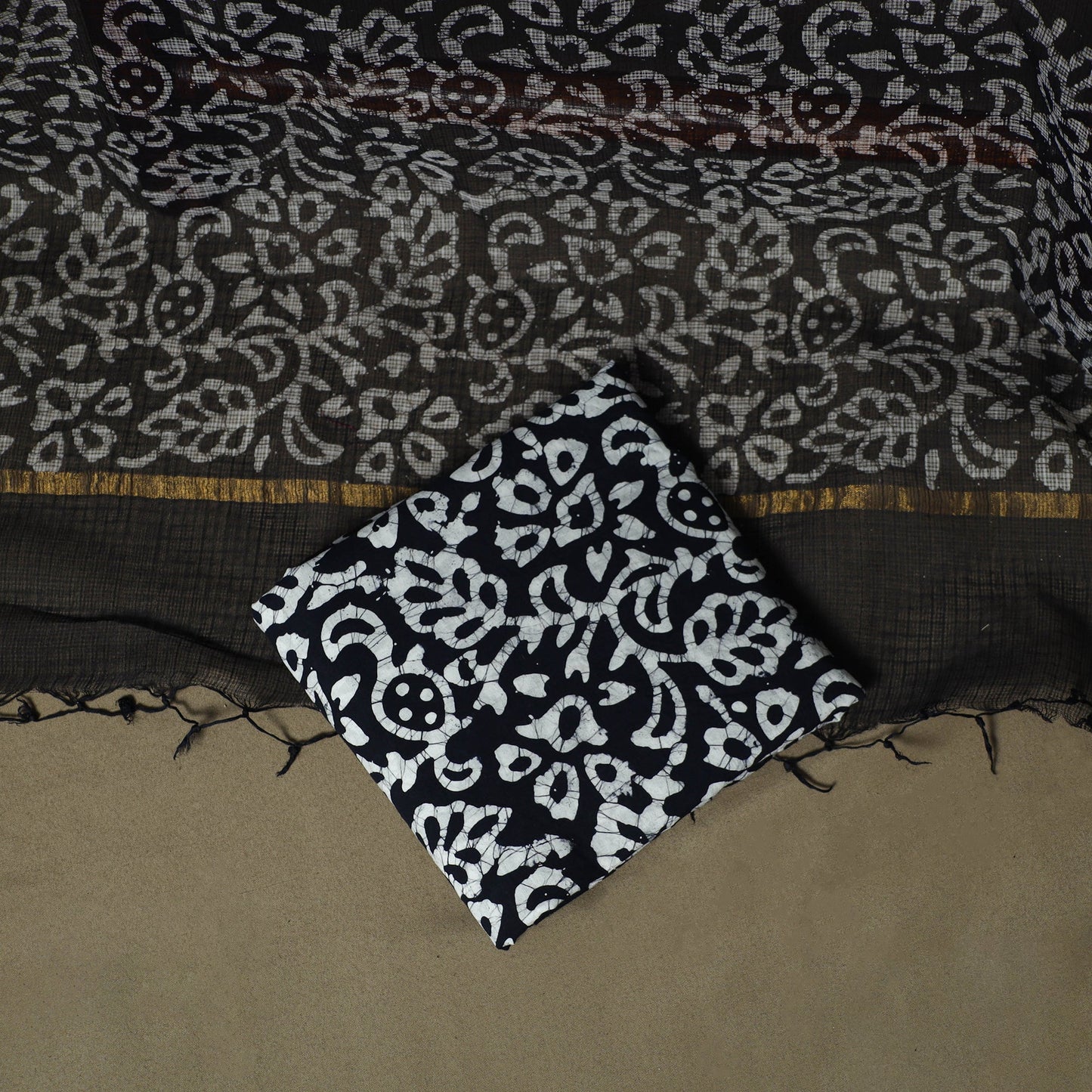 Kota doria cotton hand block batik print 3pc unstitched